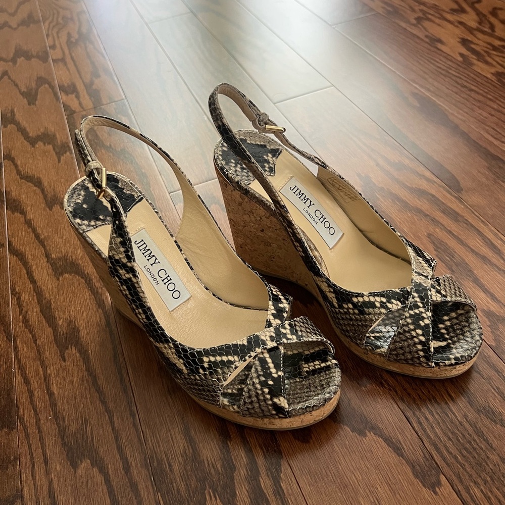 Jimmy Choo Women's Snakeskin Wedge Sandals - Black & Beige